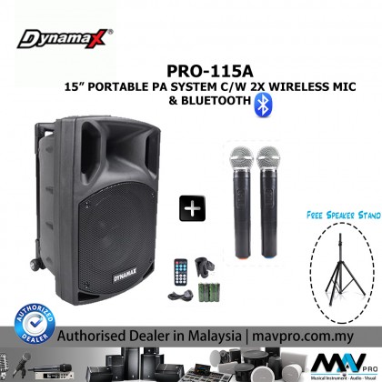 Dynamax PRO115A 15 Inch Portable PA System with 2 Wireless Microphone and Bluetooth