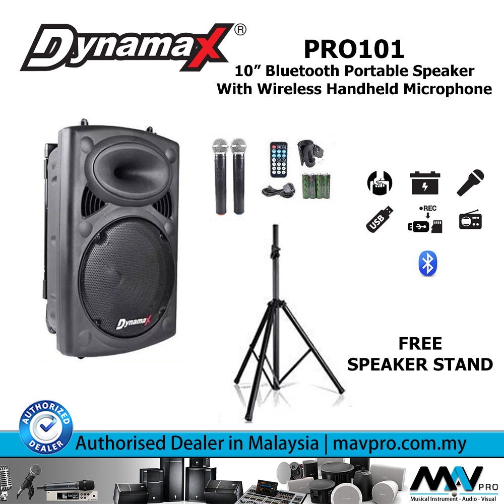 DYNAMAX PRO101 10 Inch Bluetooth Portable Speaker With Wireless Handheld  Microphone and FREE Speaker Stand (Dynamax pro101)